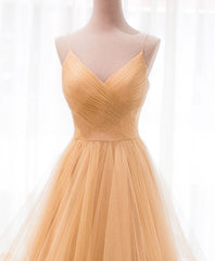 Unique V Neck Tulle A-Line Long Prom Dress Tulle Formal Dress