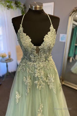 V Neck A Line Green Tulle Long Prom Dresses With Applique