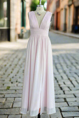 V Neck Chiffon Long Bridesmaid Dresses with Split Wedding Guest Dress