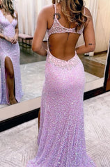 V-Neck Hollow-Out Backless Sequins Mermaid Prom Dress with Slit