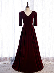 V-neck Short Sleeve Velvet Long Burgundy Prom Dresses