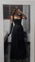 Vintage A line Straps Sleeveless Long Tulle Black Prom Dresses