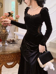 Vintage Balck Long Sleeve Dresses Woman Elegant Fashion Velvet Prom Dresses