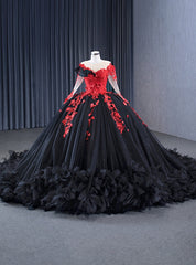 Vintage Black Tulle Long Sleeve Appliques Prom Dresses