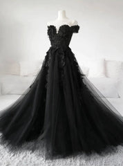 Vintage Black Tulle Off the Shoulder Appliques Prom Dresses