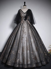 Vintage Black Tulle Sequins V-neck Quinceanera Dress