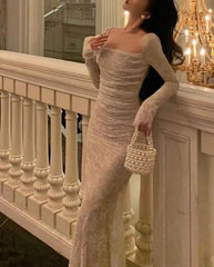 Vintage Mermaid Lace Prom Dresses Elegant Apricot Square Collar Evening Party Gown