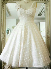 Vintage Polka Dots Tea Length V-neck Backless Wedding Dresses