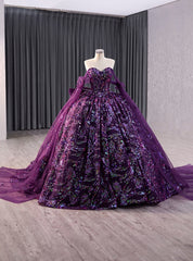 Vintage Purple Tulle Sequins Strapless Prom Dresses