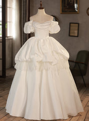 Vintage Satin Lace Puff Sleeve Wedding Dresses