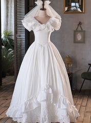 Vintage White Satin Lace V-neck Wedding Dresses