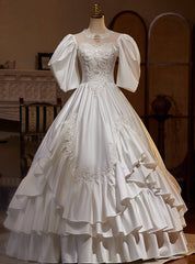 Vintage White Satin Puff Sleeve Appliques Wedding Dresses