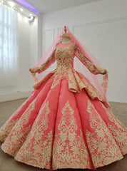 Watermelon Red Ball Gown Lace Appliques Long Sleeve Wedding Dresses