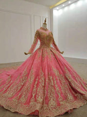 Watermelon Red Tulle High Neck Long Sleeve Lace Appliques Wedding Dress