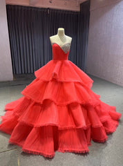 Watermelon Red Tulle Tiers Pleats Crystal Prom Dress