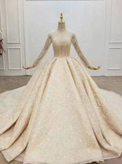 We Offer a Large Numbers Of Dark Champagne Tulle Sequins Beading High Neck Long Sleeve Wedding Dresses