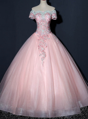 We Provide Pink Ball Gown Tulle Green Appliques Beading Short Sleeve Quinceanera Dresses