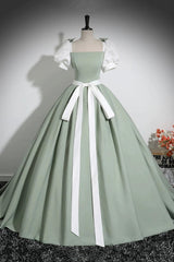 White and Green Floor Length Prom Dresses, Lovely A-Line Short Sleeve Evening Party Dresses