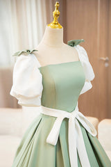 White and Green Long Prom Dresses, Lovely A-Line Short Sleeve Evening Party Dresses