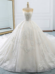 White Ball Gown Appliques Bateau Backless Wedding Dresses With Train