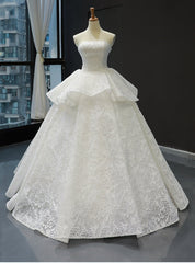 White Ball Gown Lace Sequins Strapless Sleeveless Wedding Dresses