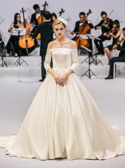 White Ball Gown Satin Off The Shoulder Long Sleeve Wedding Dresses