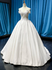 White Ball Gown Satin Off the Shoulder Wedding Dresses With Beading