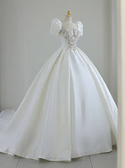 White Ball Gown Satin Puff Sleeve Beading Wedding Dresses