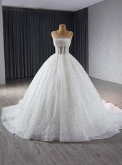 White Ball Gown See Though Neck Tulle Sequins Pearls Wedding Dresses