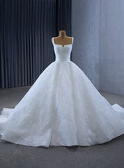 White Ball Gown Straps Pleats Appliques Wedding Dresses