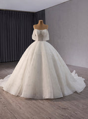 White Ball Gown Tulle Beading Off the Shoulder Wedding Dresses