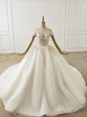 White Ball Gown Tulle Off the Shoulder Beading Wedding Dresses