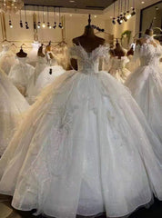 White Ball Gown Tulle Sequins Beading Wedding Dresses