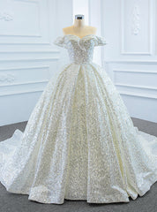 White Ball Gown Tulle Sequins Off the Shoulder Pearls Wedding Dresses