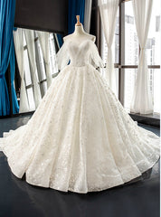 White Ball Gown Tulle Star Embrodiery Lace Backless Wedding Dresses