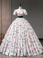 White Cherry Print Short Sleeve Quinceanera Dresses