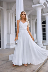 White Chiffon Prom Dresses Surplice Neck A-Line Long Evening Dress with Spaghetti Straps