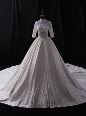 White High Neck Satin Appliques Beading Half Sleeve Wedding Dress