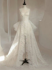 White Lace Spaghetti Straps Wedding Dresses With Detachable Train