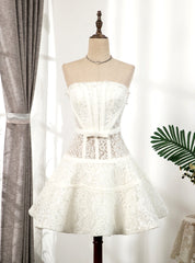 White Lace Strapless Pearls Homecoming Dresses