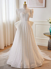 White Lace Tulle Short Sleeve Wedding Dresses