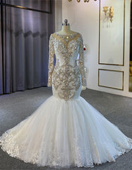 White Mermaid Lace Long Sleeve Beading Crystal Wedding Dresses