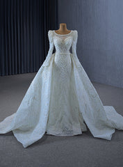 White Mermaid Long Sleeve Pearls Wedding Dresses