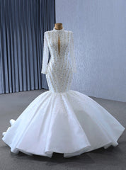 White Mermaid Long Sleeve Sequins Pearls Wedding Dresses