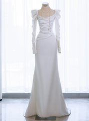 White Mermaid Long Sleeve Square Pleats Wedding Dresses