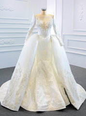 White Mermaid Satin Appliques Long Sleeve Beading Wedding Dresses