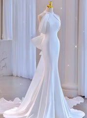 White Mermaid Satin Halter Pearls Bow Wedding Dresses