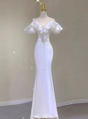 White Mermaid Satin Pearls Wedding Dresses