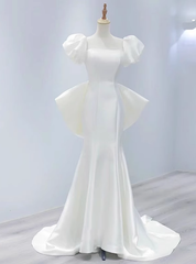 White Mermaid Satin Puff Sleeve Wedding Dresses With Bow