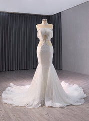 White Mermaid Sequins Beading See Through Wedding Dresses